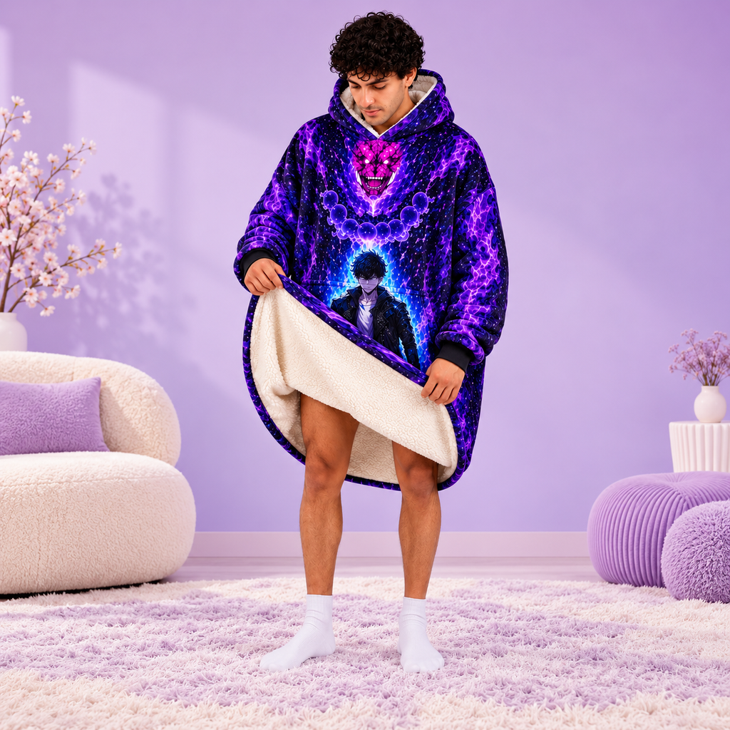 Solo Leveling Inspired Oversized Blanket Hoodie – Purple Anime Sherpa Wearable Blanket, Cozy Gaming Hoodie, Anime Fan Gift