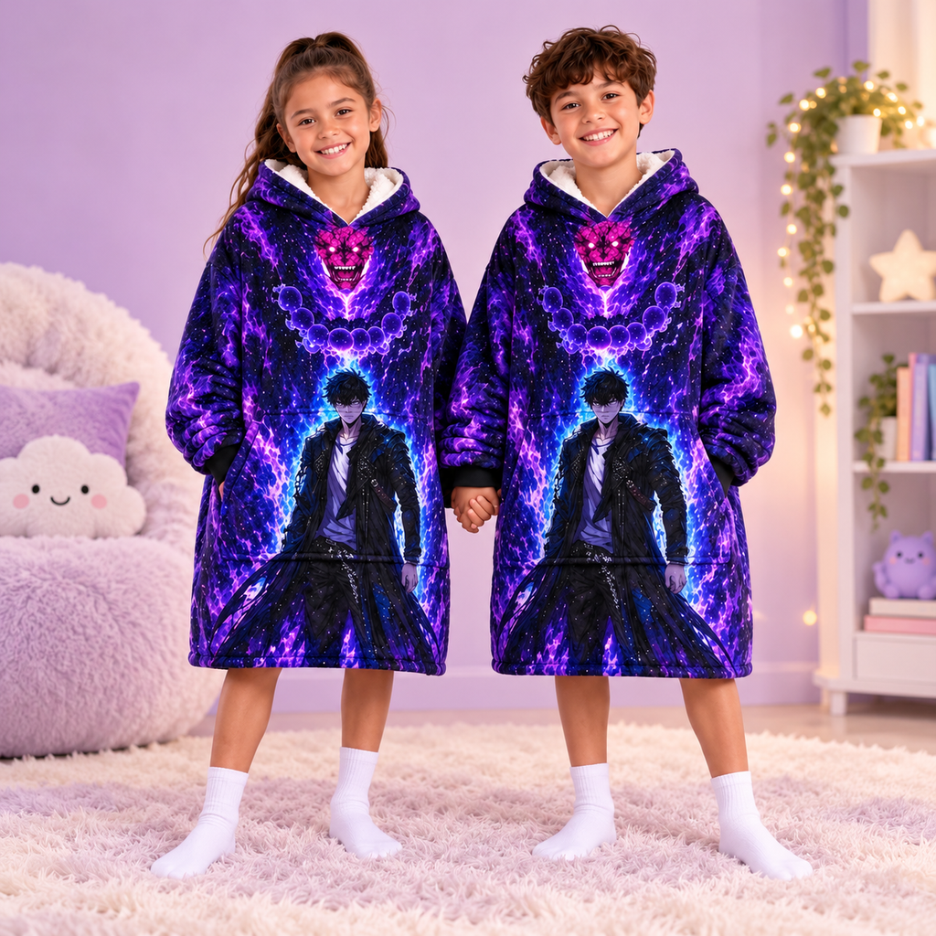 Solo Leveling Inspired Oversized Blanket Hoodie – Purple Anime Sherpa Wearable Blanket, Cozy Gaming Hoodie, Anime Fan Gift