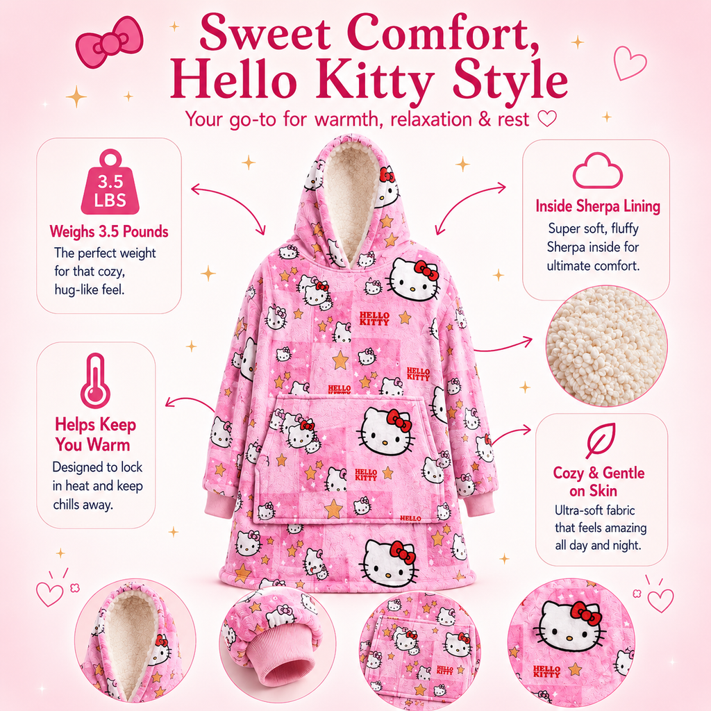 Hello Kitty Oversized Blanket Hoodie – Cozy Sherpa Wearable Blanket