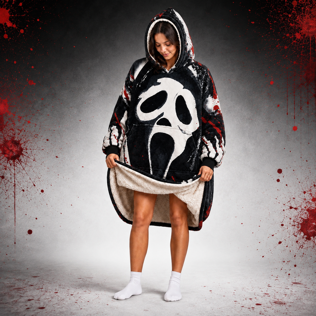 Ghostface Scream Oversized Blanket Hoodie – Cozy Sherpa Wearable Blanket