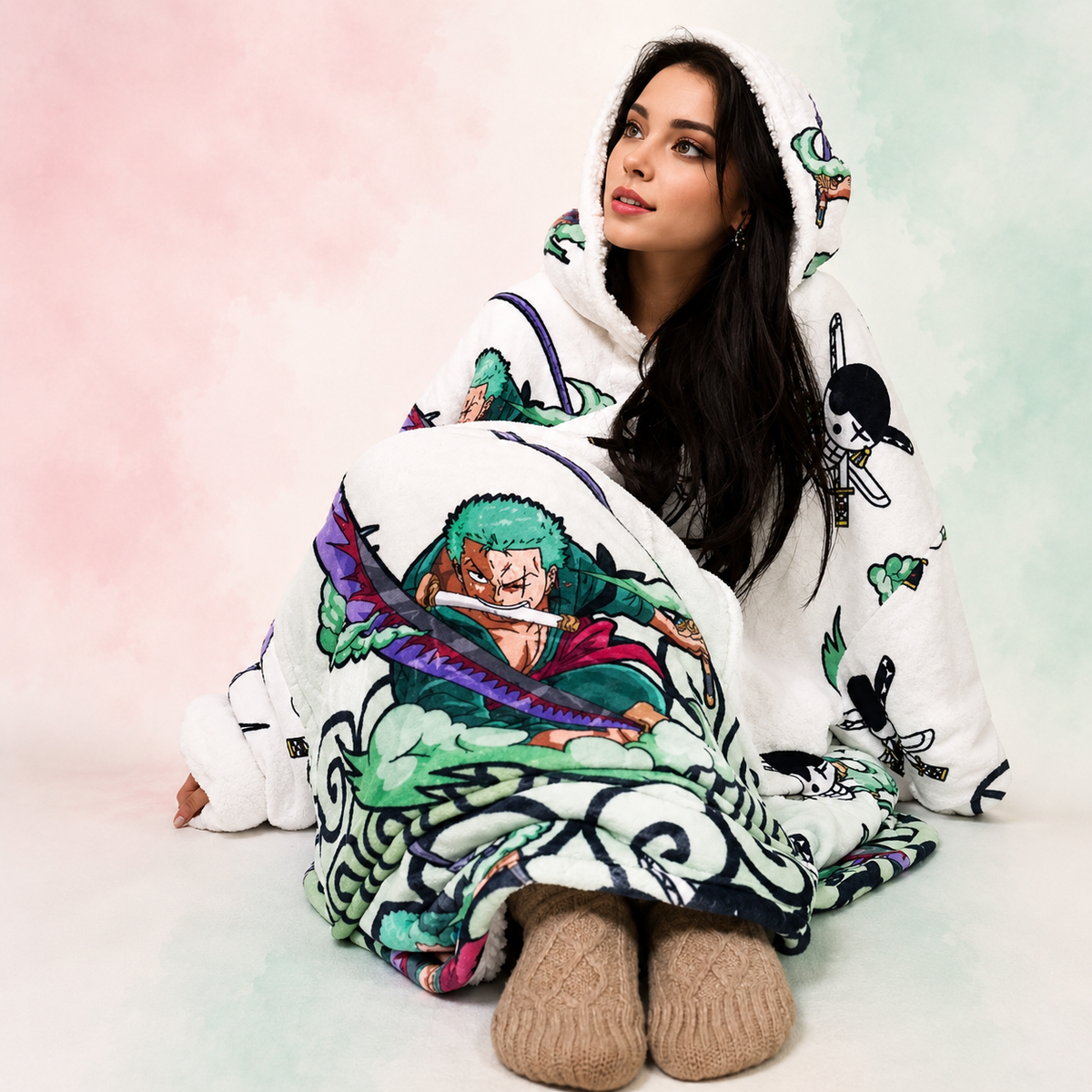 Roronoa Zoro Oversized Blanket Hoodie – One Piece Inspired Sherpa Wearable Blanket