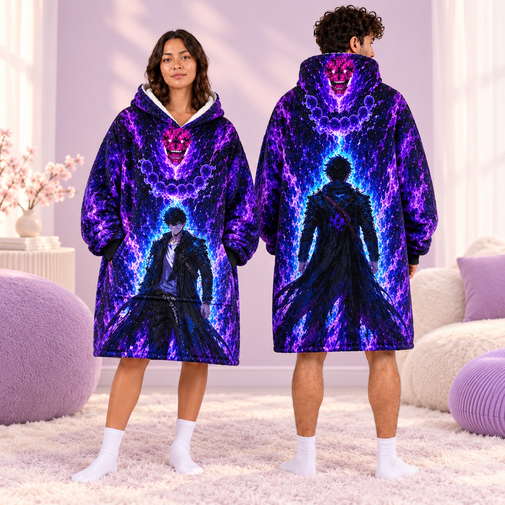 Solo Leveling Inspired Oversized Blanket Hoodie – Purple Anime Sherpa Wearable Blanket, Cozy Gaming Hoodie, Anime Fan Gift