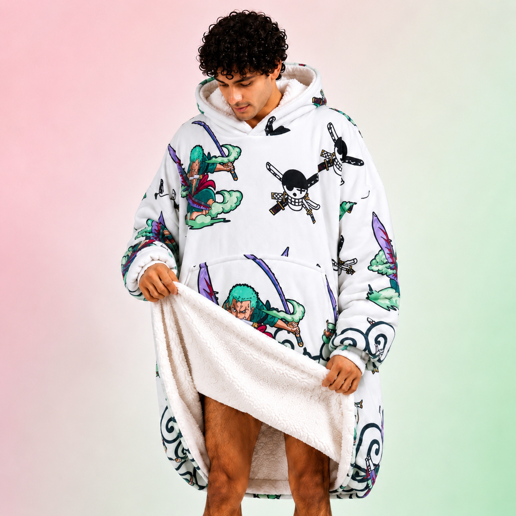 Roronoa Zoro Oversized Blanket Hoodie – One Piece Inspired Sherpa Wearable Blanket