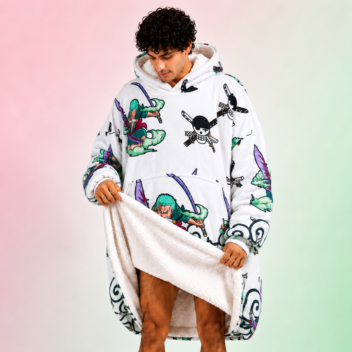 Roronoa Zoro Oversized Blanket Hoodie – One Piece Inspired Sherpa Wearable Blanket