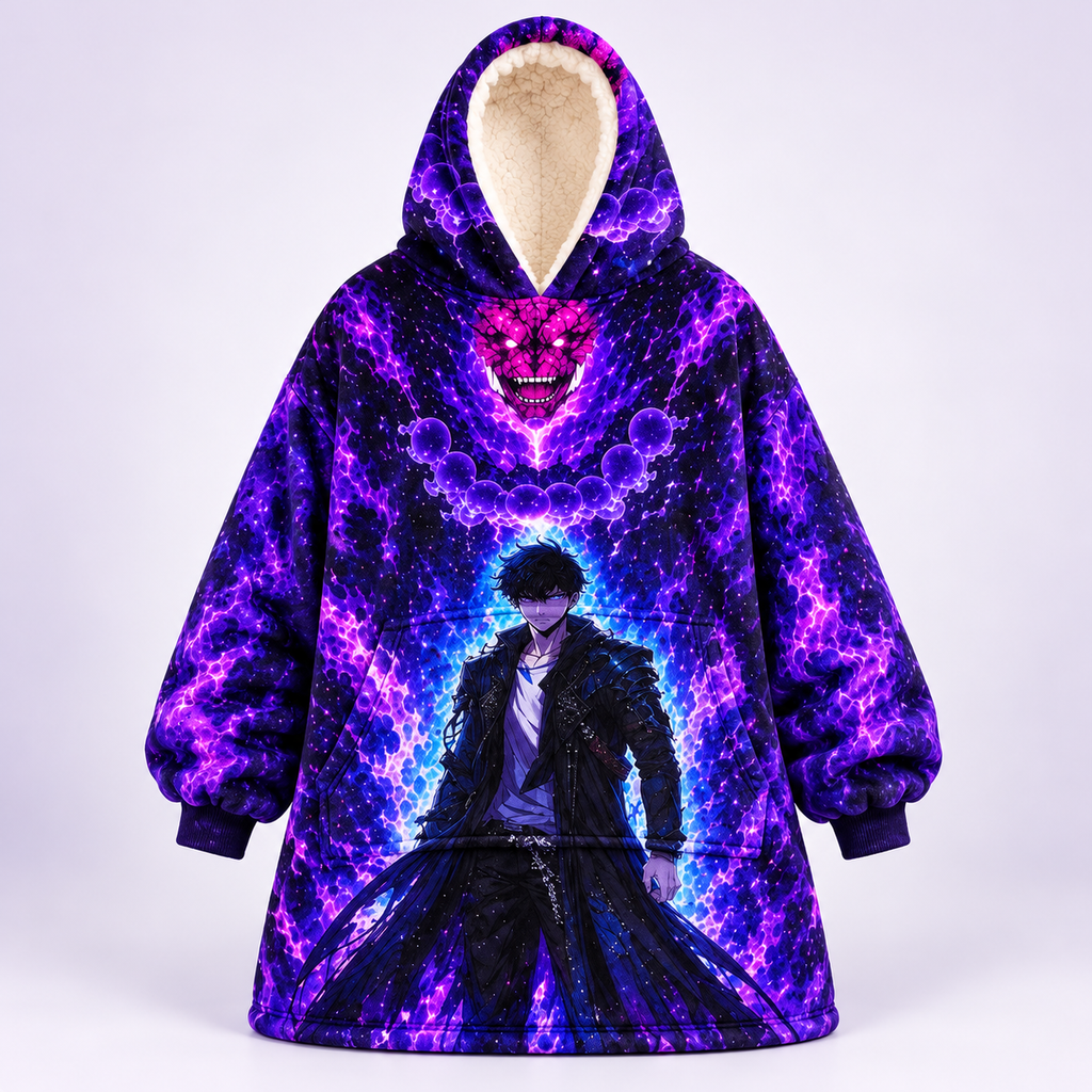 Solo Leveling Inspired Oversized Blanket Hoodie – Purple Anime Sherpa Wearable Blanket, Cozy Gaming Hoodie, Anime Fan Gift